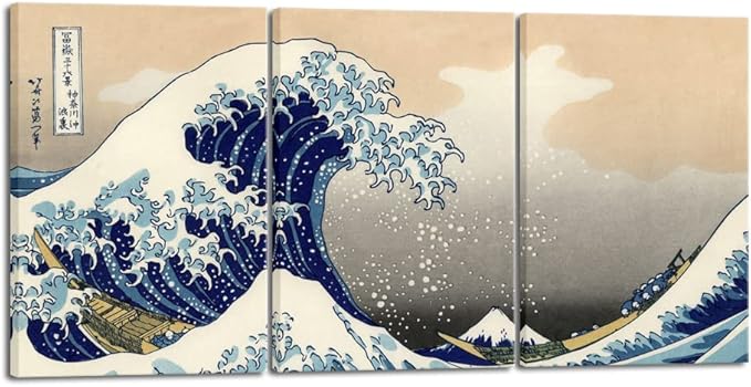 Wieco Art Great Wave of Kanagawa Katsushika Hokusai 3 Piece Modern Stretched