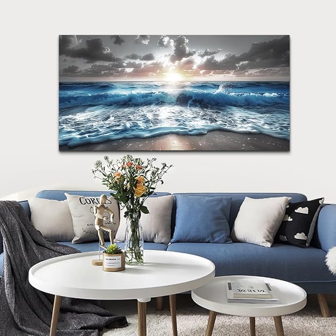 hyidecorart Blue Sea Waves Wall Pictures Framed Wall Art