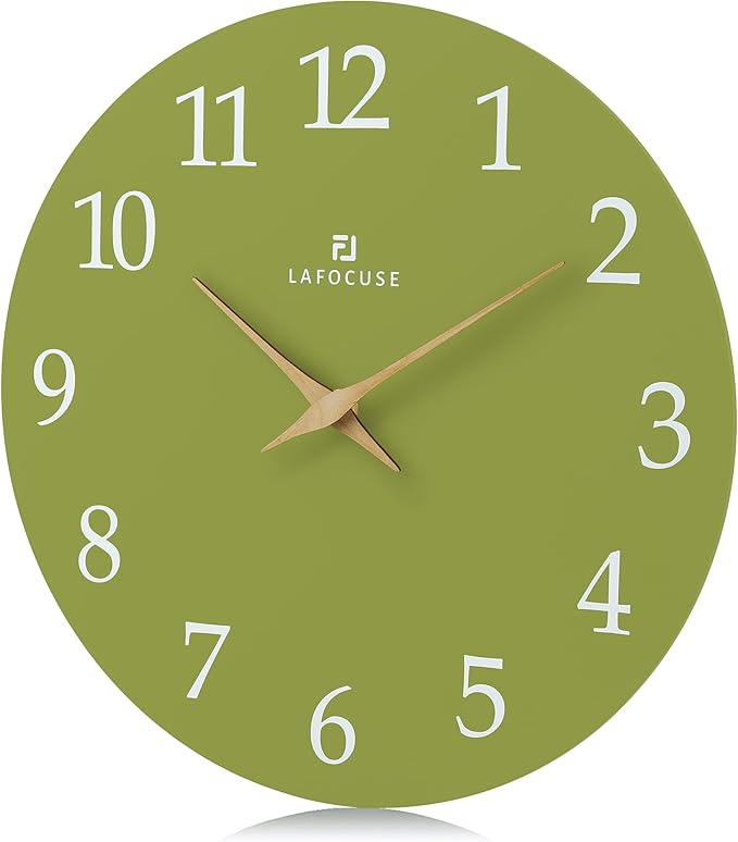 Lafocuse 12 Inch Wooden Olive Green Wall Clock Battery Operated Silent