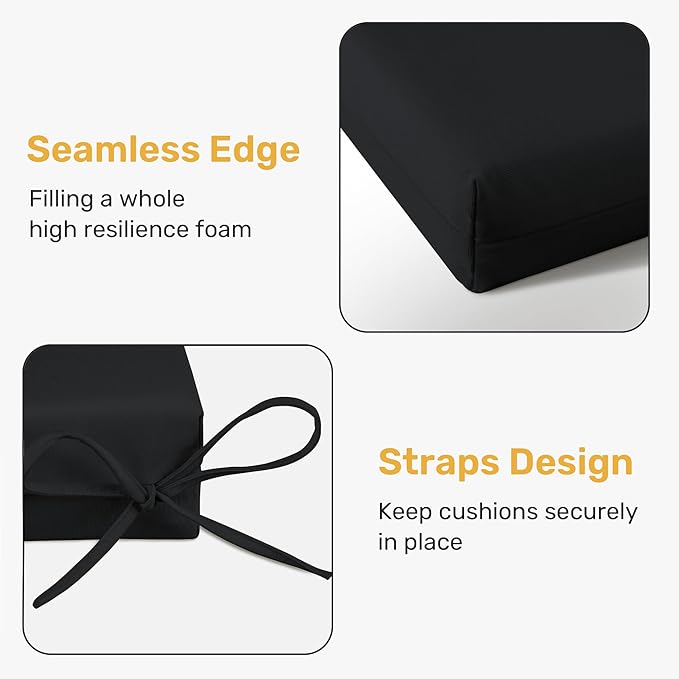 UNIKOME Outdoor Chair Cushions Pack of 4, Water Resistant Patio Cushions with Ties, High Density Sponge Filling Square Corner Seat Cushions for Outdoor Furniture, 24"*24"*4", Black