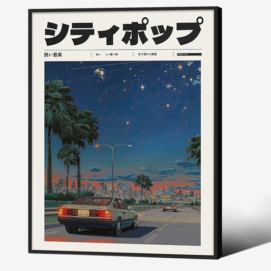 Vintage Japanese Black Framed Wall Art 90s Vaporwave Aesthetic Print Asian