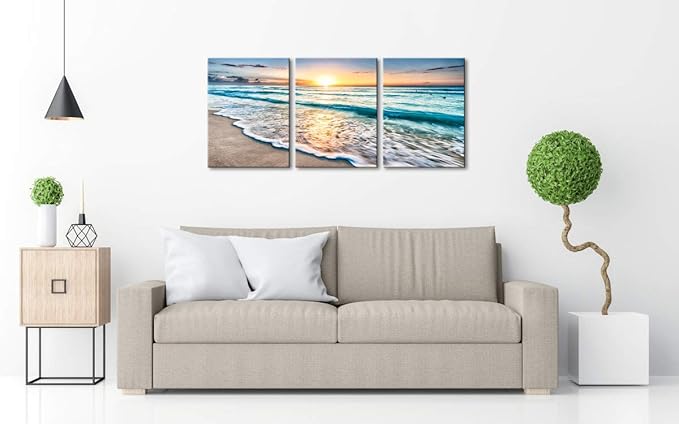 Wieco Art 3 Panel Blue Beach Canvas Wall Art
