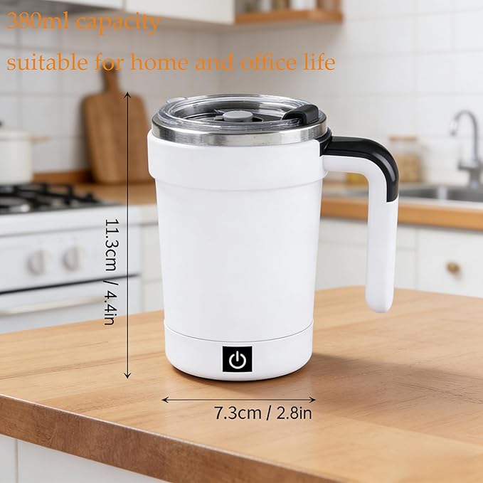 Self Stirring Coffee Mug with Lid,304 Stainless Steel Self Stirring Cup,Rechargeable Coffee Mug with Temperature Display,Suitable for Home and Office (White)