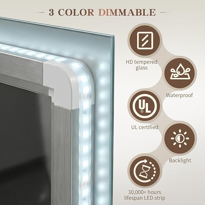 EOGOW LED Bathroom Mirror with Lights, 3 Colors Bathroom Mirror, Wall Mounted