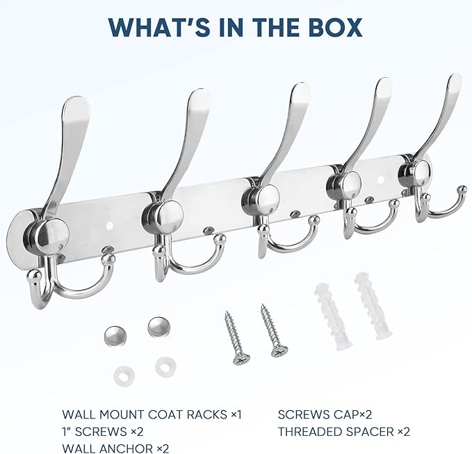TICONN Wall Mounted Coat Rack, Five Heavy Duty Tri Hooks All Metal Construction
