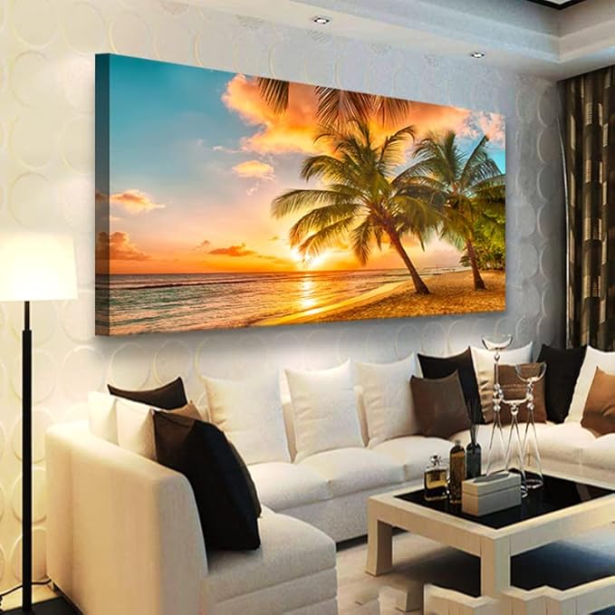 Beach Themed Wall Art Canvas Prints Seascape Picture Bathroom Décor Ocean Tree Sunset Paintings for Living Room Bedroom Office Home Kitchen Decorations Natural Landscape Artwork 20x40 Inches