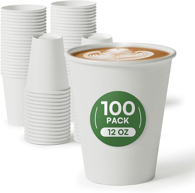 12 oz Coffee Cups Disposable White Paper Cups, 100 Pack BPA Free Leak Proof Hot Cups, 300GSM Thickened Disposable Cups,Unbleached Hot Cold Drink Cups for Everyday Home Office Coffee Bar Party Supplies