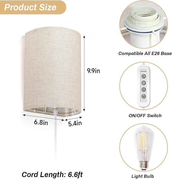 FINCMY Wall Sconce Light Plug in, Dimmable Sconces Wall Decor Set of 2
