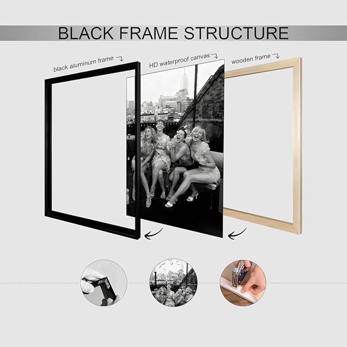 Retro Black And White Woman Black Framed Wall Art Fashion Rooftop Party Posters