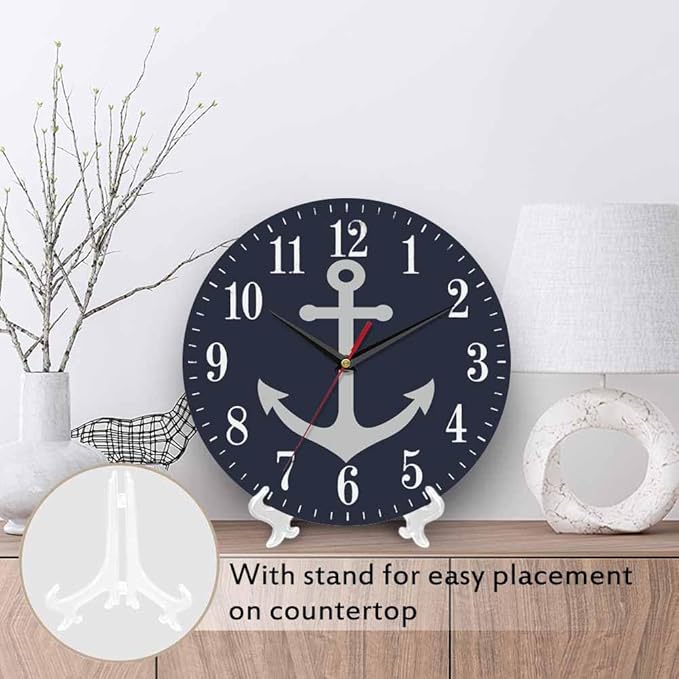 Mxocom Anchor Wall Clock Boat Anchor Marine Navigation Blue 10 Inch Silent Non
