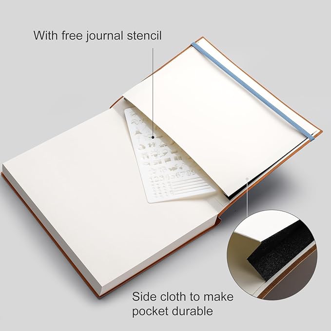 AHGXG Bullet Dotted Journal - 320 Pages Dot Grid Notebook B5 Large Journal, 100gsm Thick Dotted Paper, Leather Softcover, with Journal Stencils, Inner Pocket, 7.6'' X 10'' - GrayBlue