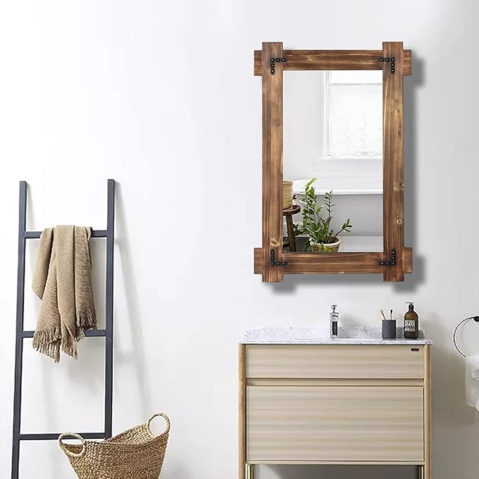MeMoreCool Rustic Wood Mirror for Bathroom, Farmhouse Wall Mounted Vanity Mirror