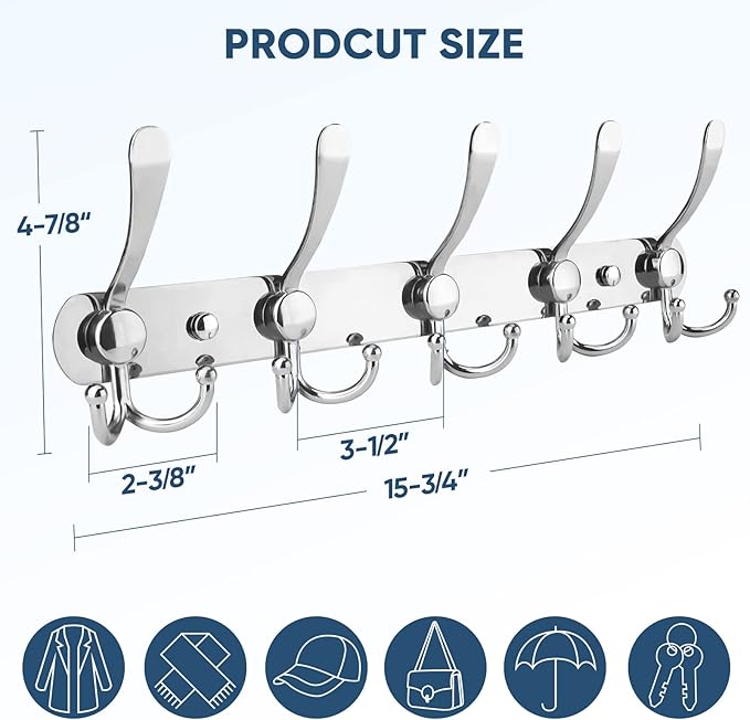 TICONN Wall Mounted Coat Rack, Five Heavy Duty Tri Hooks All Metal Construction