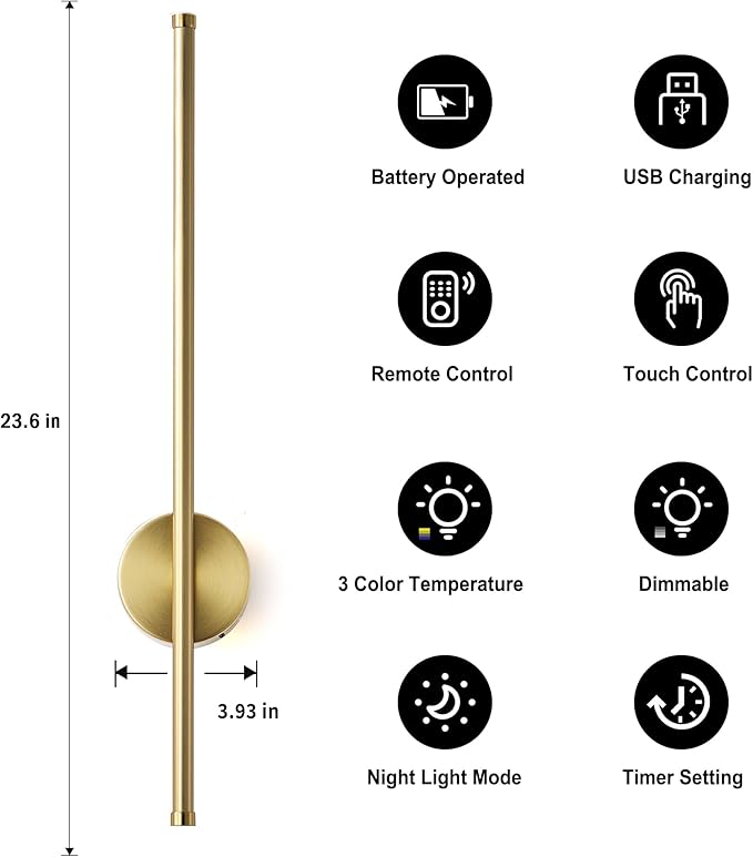 Battery Operated Modern Wall Sconces, Dimmable Wireless Wall Light Set of Two