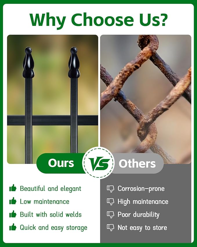 ARIFARO Metal Garden Fence 24" H x 24" W (5 Pack, Length 10 ft), No Digging Decorative Garden Border Fence, Rustproof Black Fence Panels for Flower Bed, Yard, Patio, Small Animal Barrier