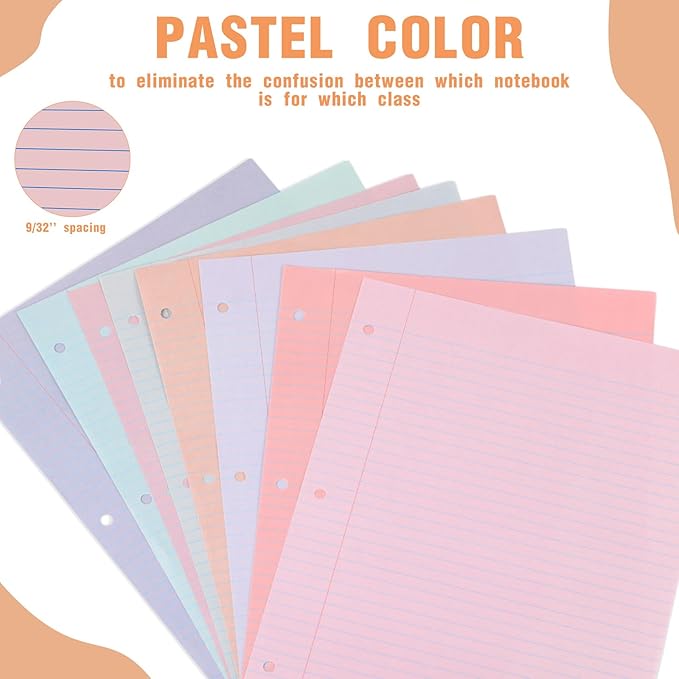 PerKoop 400 Sheets Colored Loose Leaf Paper 8.5" x 11" college ruled Lined 3 Hole Punched notebook Filler Paper for 3 Ring Binders Office School Supplies (Fantasy Color)