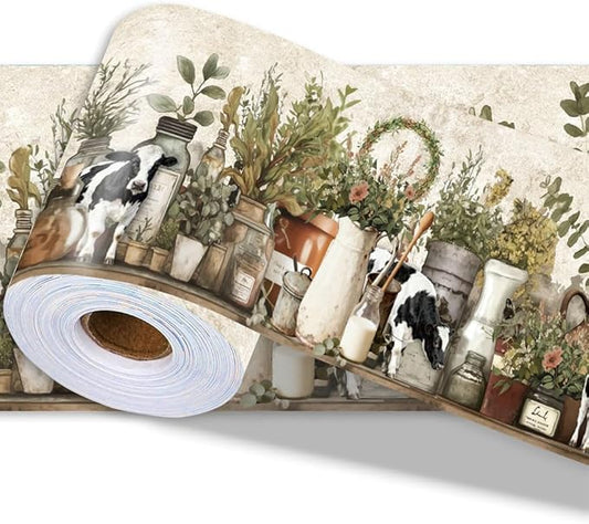 Farmhouse Wallpaper Border Wall Border Trim Peel and Stick 19.7 x 4 Inch Cattle