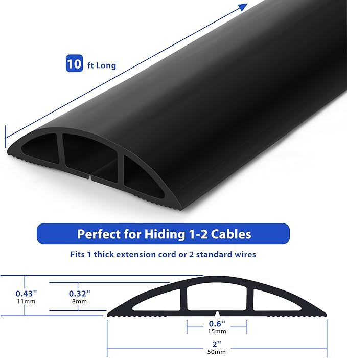 ZhiYo Floor Cord Cover 10ft, Cord Hider Floor Hide Extension Cords, Cable Management Prevent Cable Trips, Floor Cable Cover Wire Covers for Cords, Cable Protector Cord Cavity W0.6in H0.32in Black