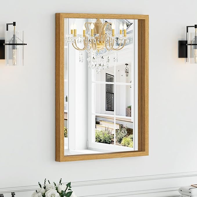 Syndra Natural Wood Frame Bathroom Mirror, 22x30'' Modern Vanity Mirror