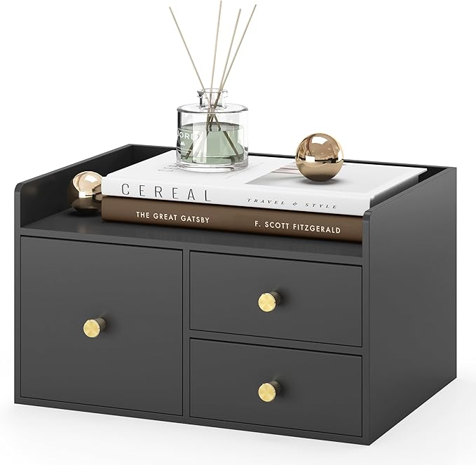 Bamboo Desk Organizer with Drawers Wooden Desktop Storage Drawers for Bills Office Supplies Kitchen Utensils Organizing Tool for Home Classroom Organization No Assembly (3 Drawer, Black)