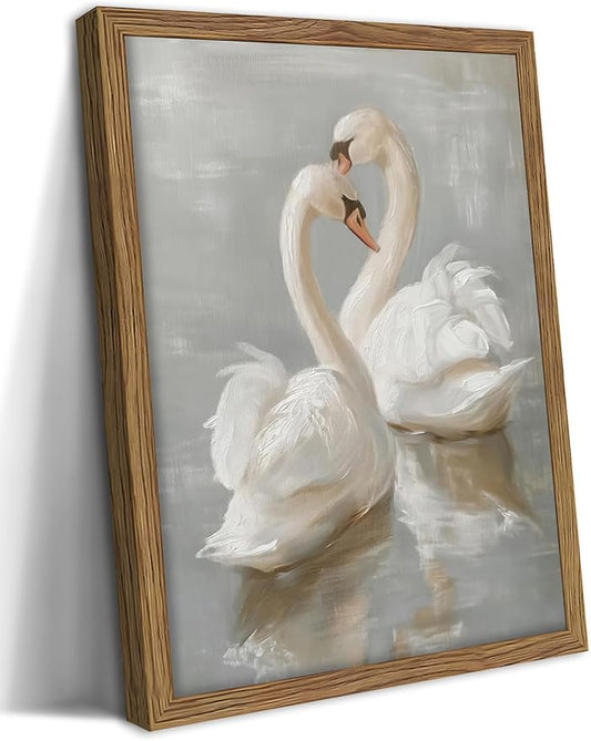 Framed White Swan Canvas Wall Art – Vintage Romantic Swan Oil Painting