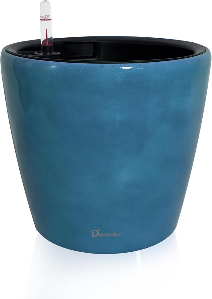 Dexceder 11x10 Inches Self Watering Planter Indoor Outdoor, Inner Pot Design, Thickened Table Flower Plant Pot with Water Level Indicator (Peacock Blue Gradient)