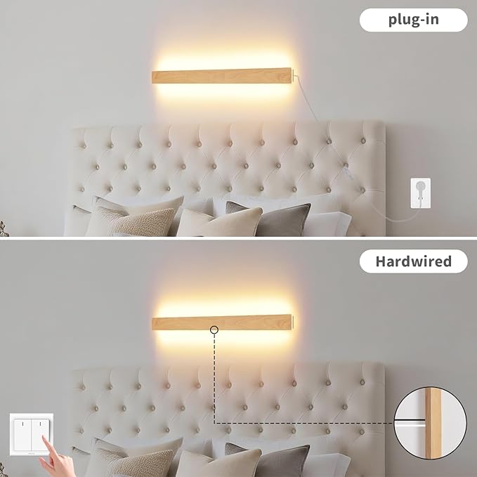 Modern Plug in Wall Sconces, 23.6 inch Faux Wood Texture Finish LED Long Wall