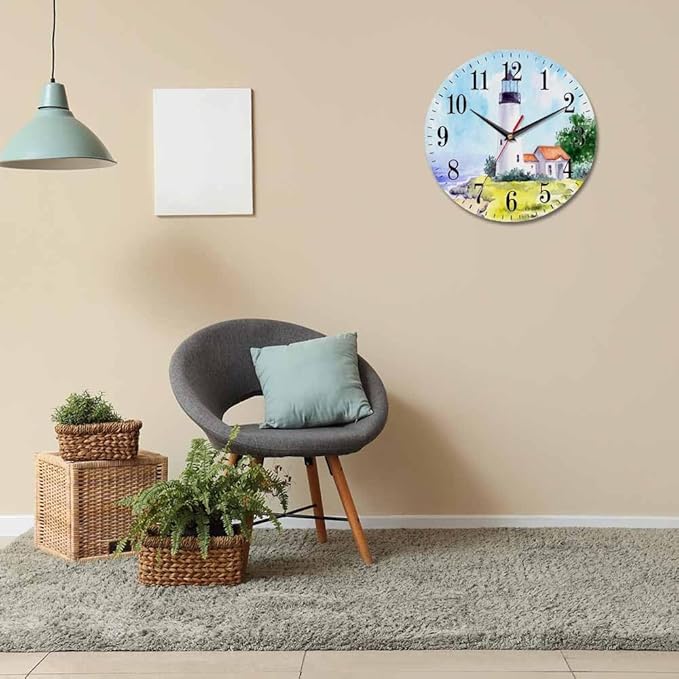 Mxocom Watercolor Lighthouse Wall Clock Building Green Hill Blue Skies House