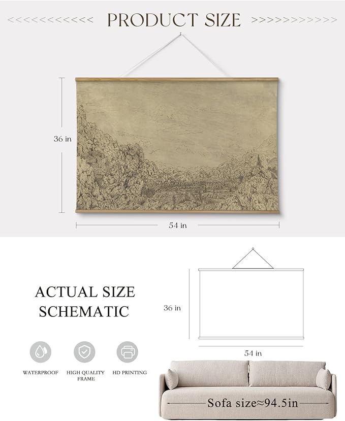 ARPEOTCY Extra Large Vintage Framed Wall Art, 36x54 Inch Sketch Valley Mountain Landscape Hanging Canvas Prints, Scroll Wall Decor for Living Room Bedroom, Retro Scenery Pictures Above of Bed