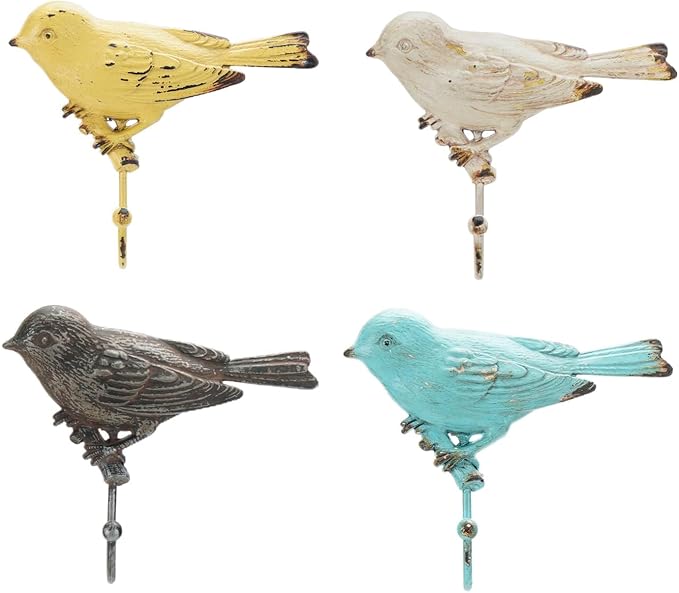 SOFFEE DESIGN Set of 4 Vintage Metal Birds Wall Coat Hooks, Heavy Duty Hangger