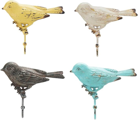 SOFFEE DESIGN Set of 4 Vintage Metal Birds Wall Coat Hooks, Heavy Duty Hangger