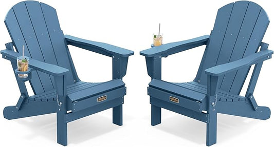 SERWALL Folding Adirondack Chair with Cup Holder Set of 2, All Weather Adirondack Chairs, Wooden Textured Fire Pit Chairs for Patio Garden Outdoors Fire Pit - Blue
