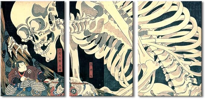 Wieco Art 3 Piece Witch and Skeleton Ukiyo-E by Utagawa Takiyasha Historic