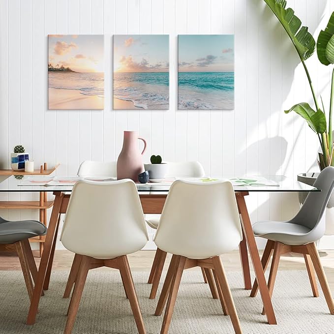 Goldfoilart 3 Pieces Beach Wall Art Sunset Bathroom Canvas Pictures Ocean Wall