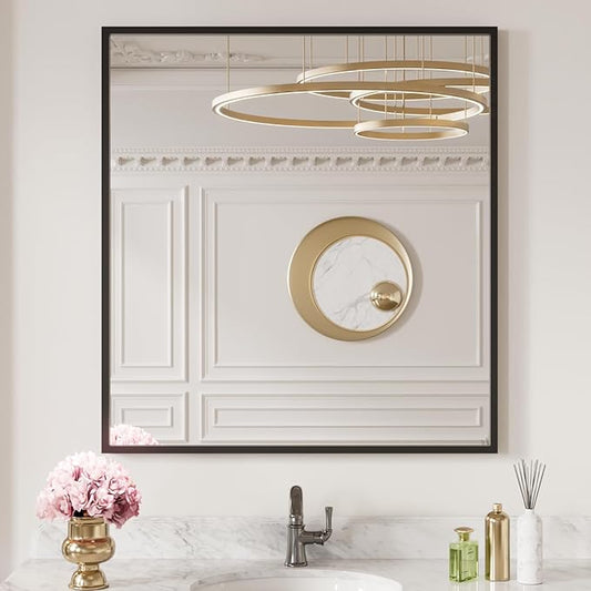 LOAAO 30"X36" Black Rectangle Bathroom Mirror Wall, Matte Black Aluminum Alloy