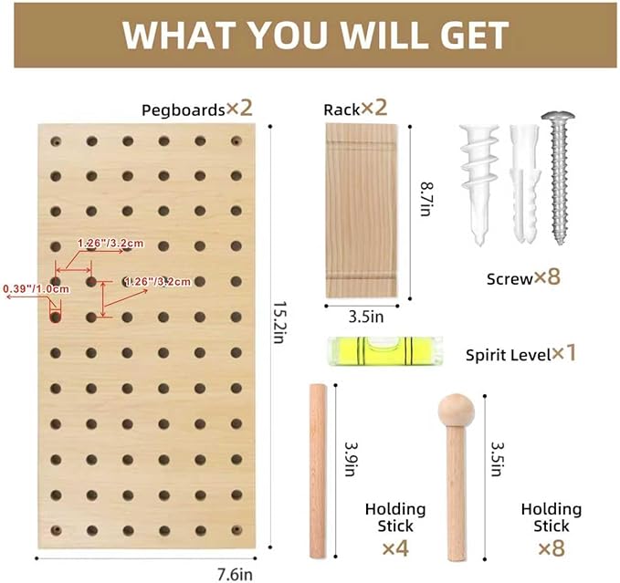 2 Pack Beige Wooden Pegboard, Modular Wall Organizer Storage Shelf