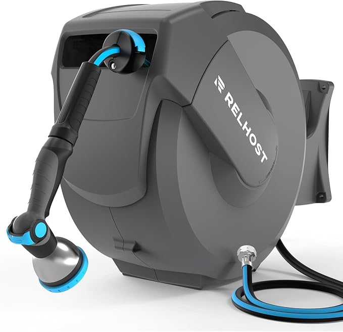 Relhost Retractable Garden Hose Reel, 1/2 in x 100 ft Wall Mount Heavy Duty Hose Reel with Any-Length Lock, Auto Rewind System, 180Â° Swivel Bracket, and 10-Pattern Nozzle for Garden, Dark Grey