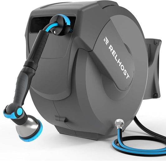 Relhost Retractable Garden Hose Reel, 1/2 in x 100 ft Wall Mount Heavy Duty Hose Reel with Any-Length Lock, Auto Rewind System, 180Â° Swivel Bracket, and 10-Pattern Nozzle for Garden, Dark Grey