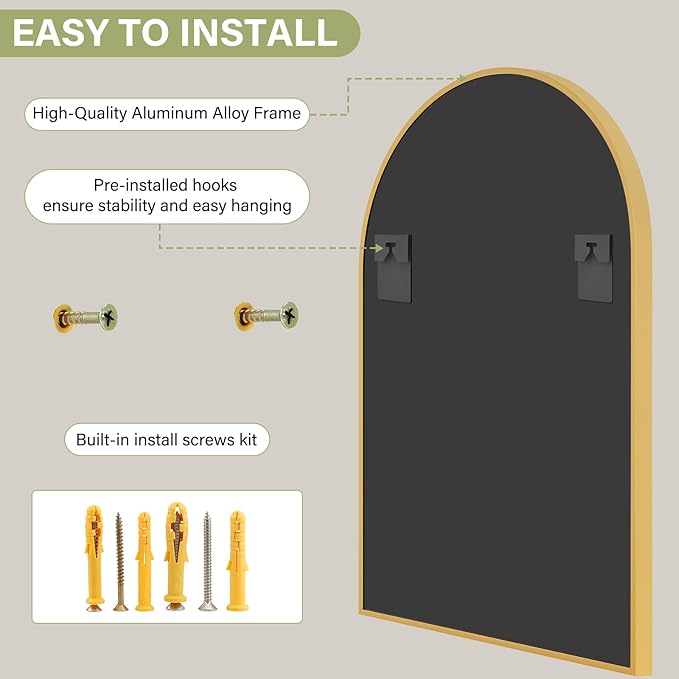 XRAMFY 24"x36" Gold Arched Bathroom Mirror