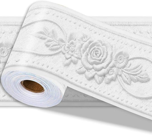 3D Wallpaper Border Floral White Wall Border Trim 197 x 4 Inch Elegant Rose