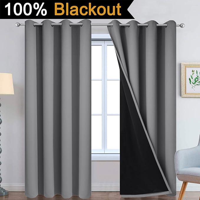 Yakamok 100% Blackout Curtains 84 Inches Long, 2 Thick Layers Heat and Full