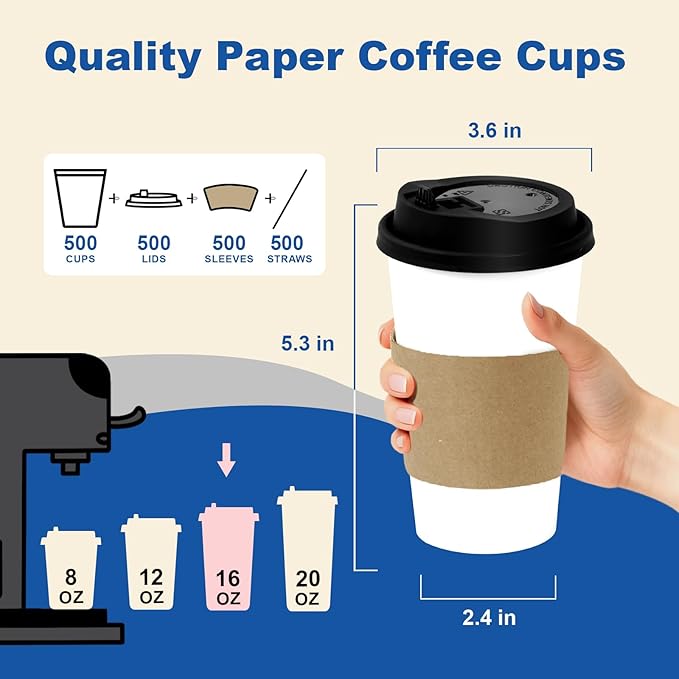 Coolcap 16 oz 500 Pack Coffee Cups with Lids and Sleeves, Straws, Hot Disposable To Go Travel Paper Cups Bulk for Office, Home Coffee Bar Accessories, Chocolate, Cocoa, Beverage (White)