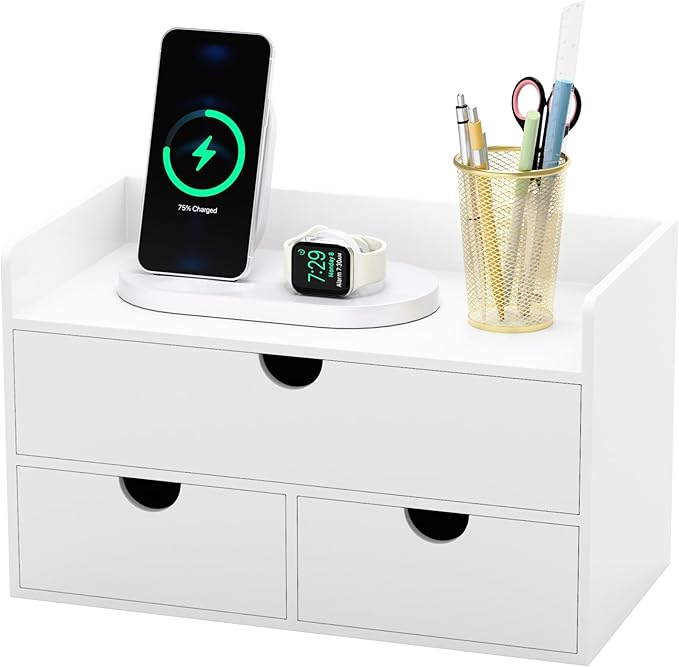 Bamboo Desk Organizer with Drawers Desktop Storage Drawers for Bills Office Supplies Kitchen Utensils Organizing Tool for Home Classroom Organization No Assembly (White with Shelf)