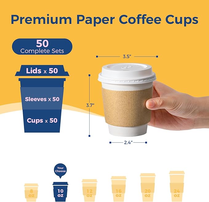 Fit Meal Prep 50 Pack 10 oz Disposable Coffee Cups with Lids, Sleeves, Leak-Proof To Go Coffee Cups with Lids, Durable Hot Paper Cups for Home, Office, Party, Business
