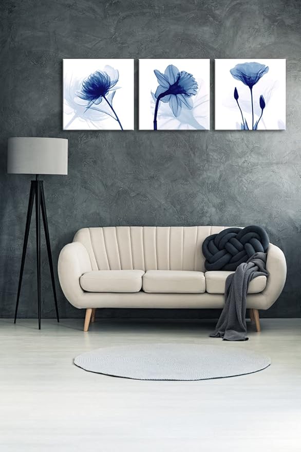 Wieco Art Blue Abstract Flowers 3 Panels Canvas Prints Wall Art Modern Pictures