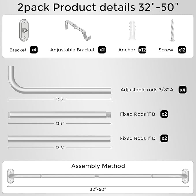 2 Pack Curtain Rods 32-46 Inch, 1 Inch Adjustable Heavy Duty Room Darkening