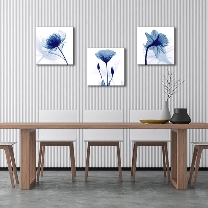 Wieco Art Blue Abstract Flowers 3 Panels Canvas Prints Wall Art Modern Pictures