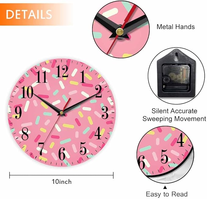 Mxocom Pink Donut Glaze Wall Clock Ice Cream Chocolate Colorful Sprinkles 10