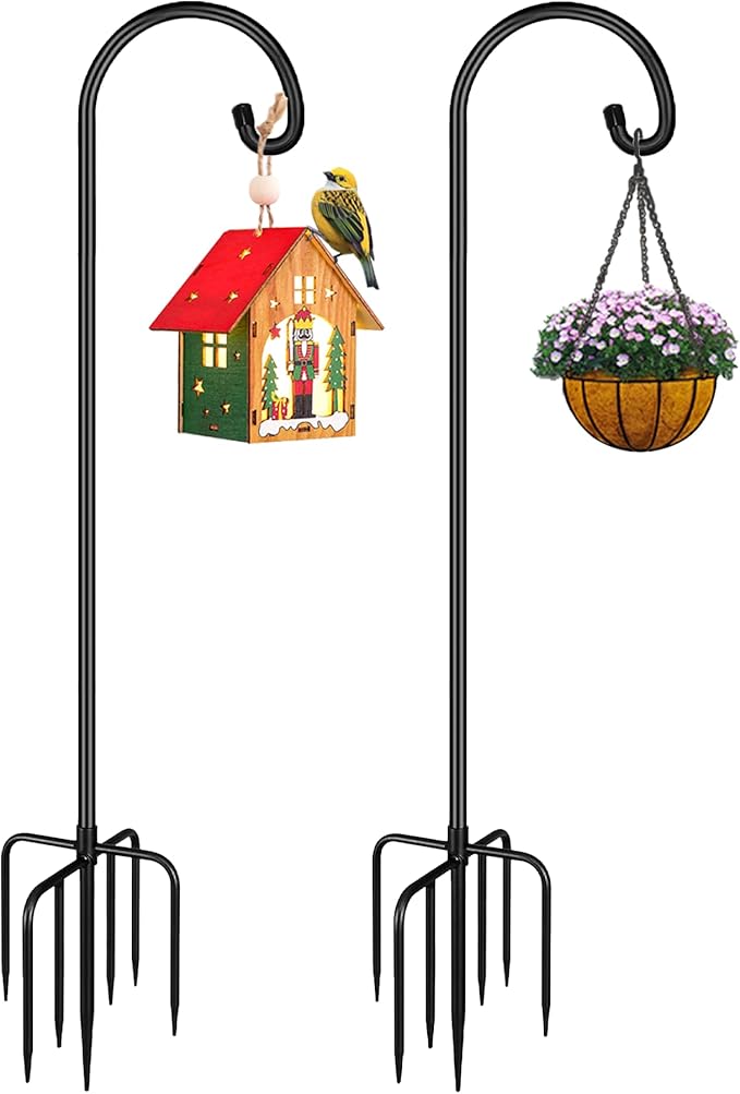 Shepherd Hook 60 Inch Tall Heavy-Duty Metal Garden Hanging Pole Stake for Bird Feeder Pole Plant Baskets, Black (2 Pack)