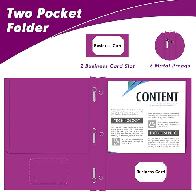 Two Pocket Folders, PANDRI 30 Pack Two Pocket Folders with Prongs, 3 Prong Folders Designed for Office and Classroom, Letter Size Purple